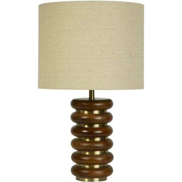 Lighting Collection Hennessey Natural Linen Shade Wood and Brass Table Lamp - Size: 40 x 33 x 33cm - Walnut Brown and Multi - Wilko - image 1