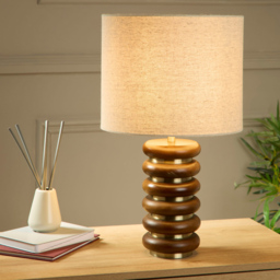 Lighting Collection Hennessey Natural Linen Shade Wood and Brass Table Lamp - Size: 40 x 33 x 33cm - Walnut Brown and Multi - Wilko - thumbnail 3