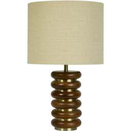 Lighting Collection Hennessey Natural Linen Shade Wood and Brass Table Lamp - Size: 40 x 33 x 33cm - Walnut Brown and Multi - Wilko - thumbnail 1