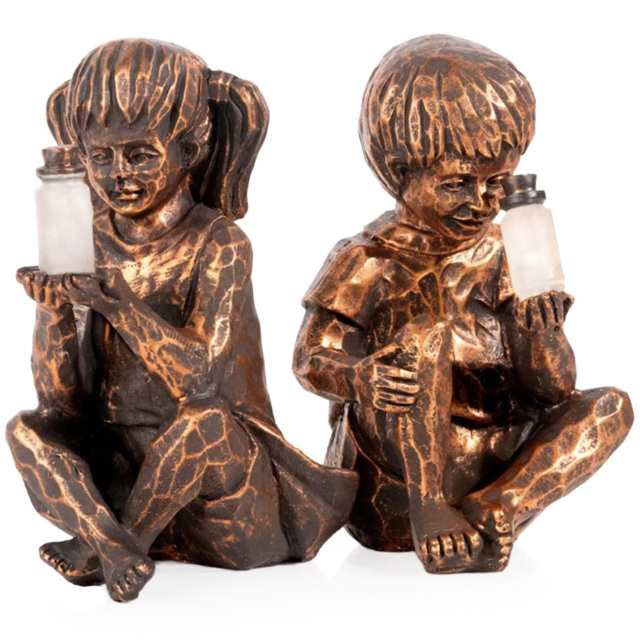 Garden Mile Boy and Girl Solar LED Garden Ornaments 2 Pack - Size: 13 x 9 x 9cm - Brown - Wilko - image 1