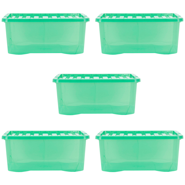 Wham 45L Clear Green Stackable Plastic Crystal Storage Box with Lid 5 Pack - Wilko - image 1