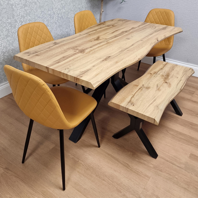 Portland 6 Seater Gem Pattern Wooden Tabletop Dining Bench Set Mustard - Wilko - image 1