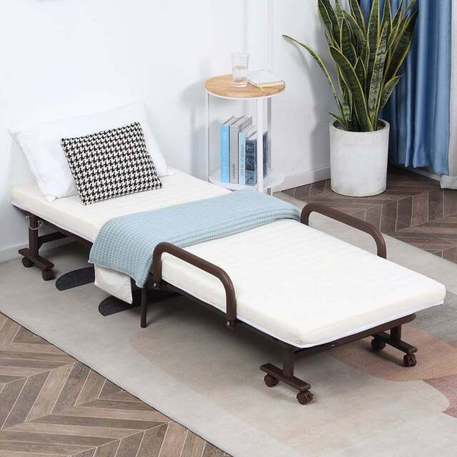 Portland Single Brown Folding Guest Bed on Wheels with Mattress - Multi - Wilko - image 1