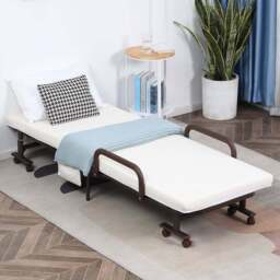 Portland Single Brown Folding Guest Bed on Wheels with Mattress - Multi - Wilko - thumbnail 1