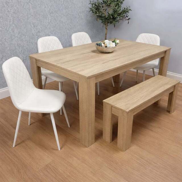Kosy Koala 6 Seater Faux Leather Dining Bench Set Oak Effect and White - Multi - Portland - Wilko - image 1