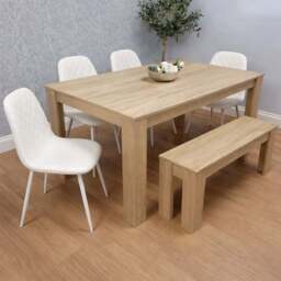 Kosy Koala 6 Seater Faux Leather Dining Bench Set Oak Effect and White - Multi - Portland - Wilko