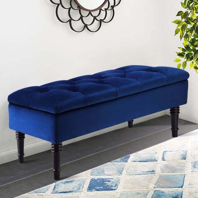 Living and Home Blue Buttoned Velvet Storage Bench - Size: 43 x 102 x 41cm - Wilko - image 1