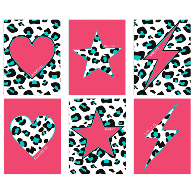 Wee Blue Coo Pink and Turquoise Leopard Pattern Bold Shapes Wall Art Print 30 x 41cm 6 Pack - Size: 40.5 x 30.5 x 0.3cm - Wilko - image 1
