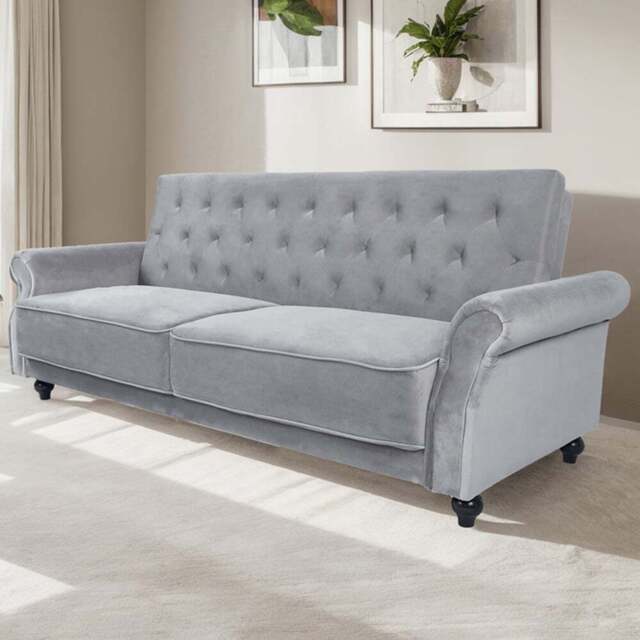 Furniture One 3 Seater Grey Velvet Sofa Bed - Wilko - image 1