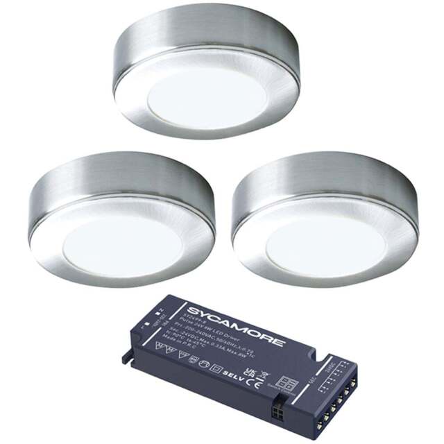 Sorrelis Oberon Aluminium Round Natural White 3 Cabinet Light Kit - Size: 1.6 x 6.5 x 6.5cm - Silver - Wilko - image 1