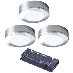 Sorrelis Oberon Aluminium Round Natural White 3 Cabinet Light Kit - Size: 1.6 x 6.5 x 6.5cm - Silver - Wilko