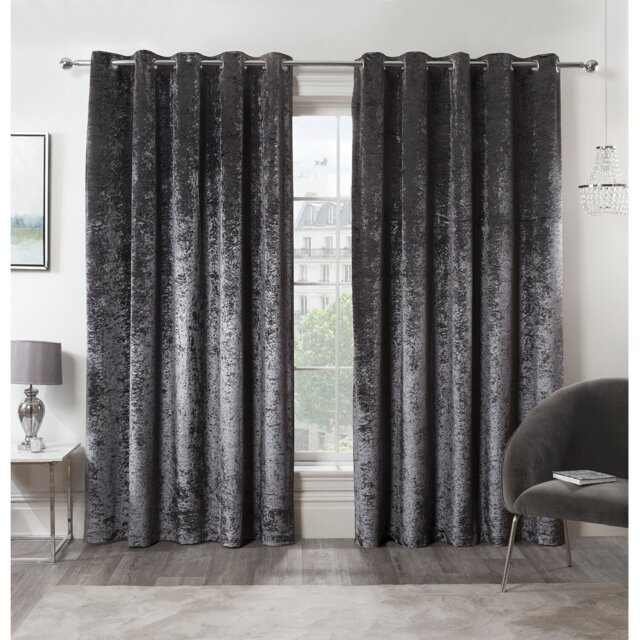 Divante Charcoal Crushed Velvet Eyelet Curtain 168 x 229cm - Size: W 168 x D 228cm - Wilko