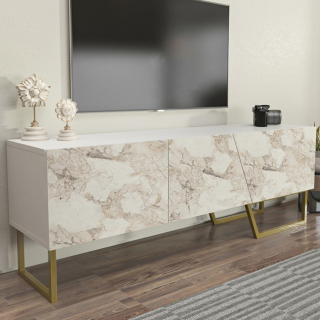 Decorotika Parla 3 Door White Marble and Gold TV Unit - Size: 50.6 x 150 x 35cm - Multi - Wilko - image 1
