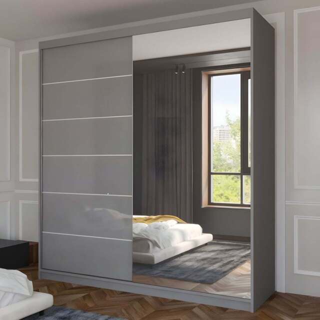 Sliding Wardrobes 4U Infinity 2 Door Grey High Gloss Mirrored Wardrobe 180cm - Wilko - image 1