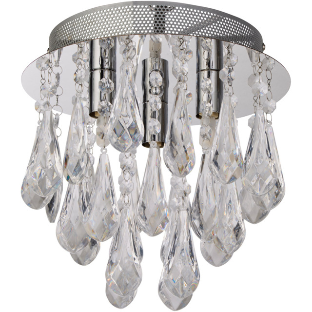 Lighting Collection 3 Light Chrome with Clear Acrylic Drops Flush Ceiling Light - Size: 53 x 25 x 25cm - Silver - Wilko - image 1