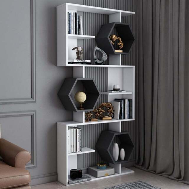Decorotika Darla 9 Shelf White and Anthracite Geometric Bookcase - Size: 171 x 90 x 24.6cm - Multi - Wilko - image 1