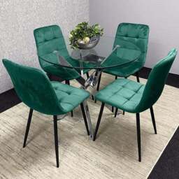 Kosy Koala 4 Seater Glass Round Dining Set Green Velvet - Multi - Wilko