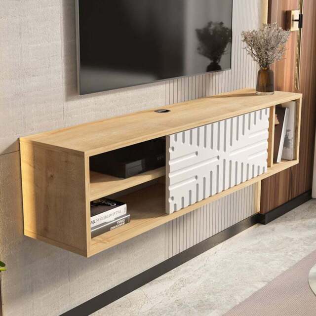 Decorotika Single Door 3 Shelf Sapphire Oak and White Floating TV Unit - Size: 29.5 x 140 x 29.5cm - Multi - Wilko - image 1