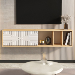Decorotika Single Door 3 Shelf Sapphire Oak and White Floating TV Unit - Size: 29.5 x 140 x 29.5cm - Multi - Wilko - thumbnail 6