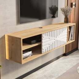 Decorotika Single Door 3 Shelf Sapphire Oak and White Floating TV Unit - Size: 29.5 x 140 x 29.5cm - Multi - Wilko - thumbnail 1