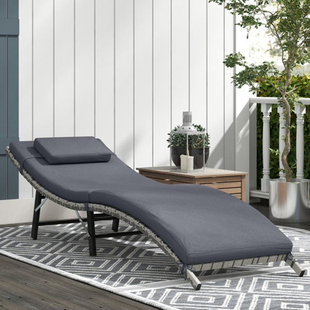 Outsunny Grey Rattan Folding Sun Lounger with Cushions - Size: 196 x 61 x 53cm - Wilko - image 1
