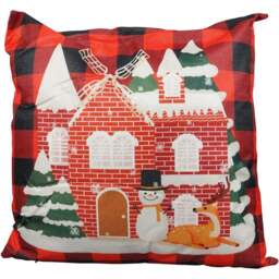 Xmas Haus Christmas-Themed Red Check Windmill Cushion 45 x 45cm - Multi - Wilko