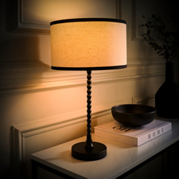 ValueLights Maeve Natural Linen Black Trim Drum Shade Bobbin Table Lamp and Bulb - Size: 37.3 x 25 x 25cm - Wilko - thumbnail 7