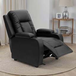Furniture Online Oscar Black Bonded Leather Pushback Recliner Chair with Cupholders - Size: 104 x 82 x 88cm - Wilko