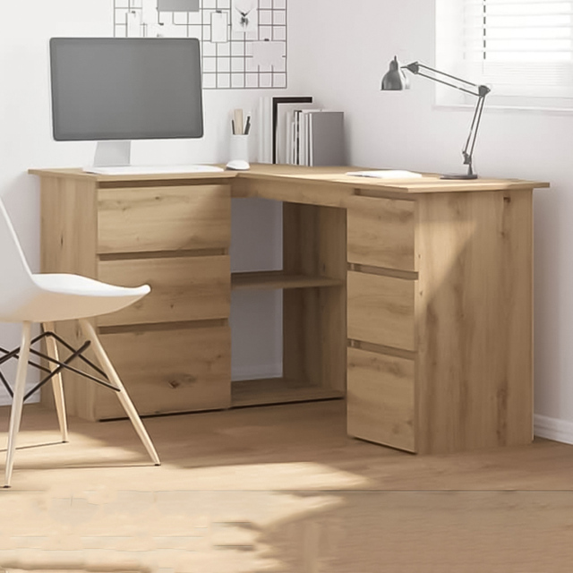 vidaXL 2 Door 4 Drawer L-Shape Corner Desk Artisan Oak - Size: 76 x 145 x 100cm - Brown - Wilko - image 1