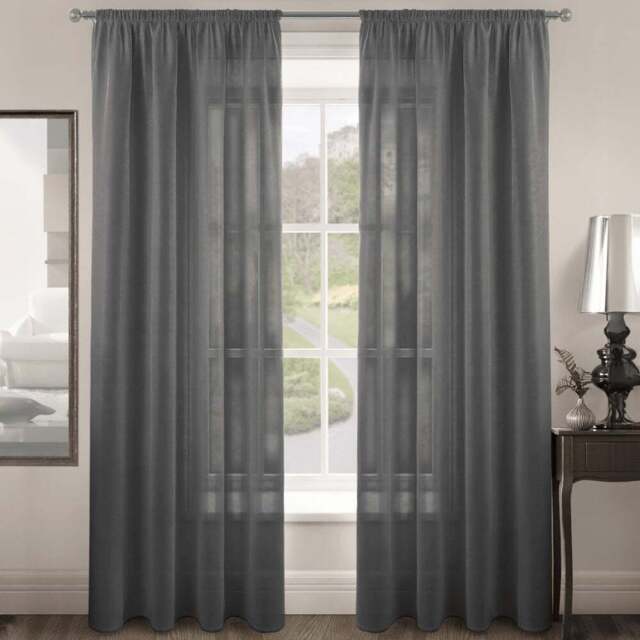 Velosso Riva Plain Charcoal Slot Top Voile Panel Curtain 150 x 137cm - Size: w 150 x D 137cm - Grey - Wilko - image 1