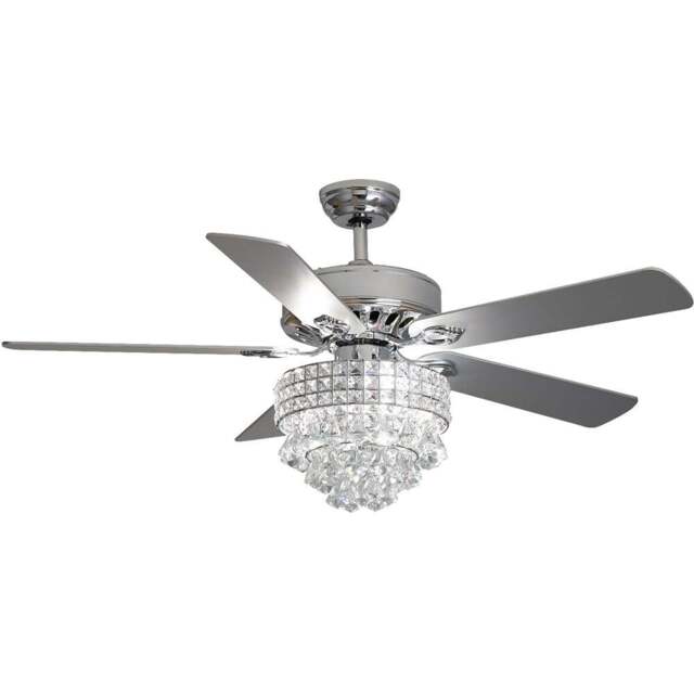 Living and Home 5 Blade Crystal Ceiling Fan Light with and Remote Control 52 inch - Size: 71.1 x 132.1 x 132.1cm - Silver - Wilko - image 1