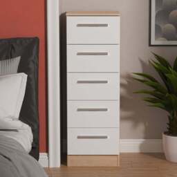 Crowndale Contrast 5 Drawer White Matt and Bardolino Oak Tall Bedside Cabinet Ready Assembled - White Matt & Bardolino Oak - Wilko - thumbnail 1