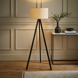 ValueLights Barbro White Trim Drum Shade Black Tripod Floor Lamp and Bulb - Wilko - thumbnail 3