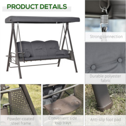 Outsunny 3 Seater Dark Grey Swing Chair with Canopy and Cup Tray - Wilko - thumbnail 7