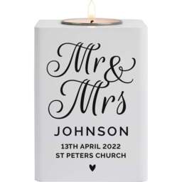 Personalised Memento Personalised Mr and Mrs White Wooden Tea Light Holder - Size: 0.8 x 1.0 x 0.8cm - Wilko