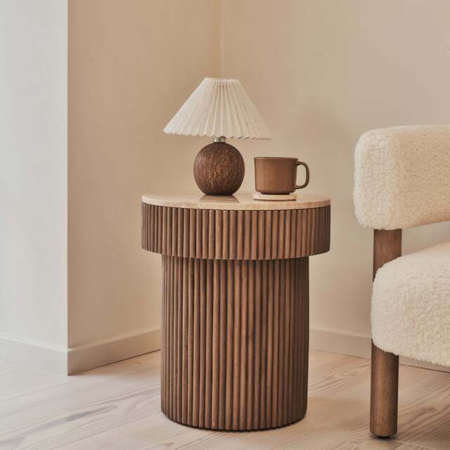 Sloane - Beige Travertine Round Warm Wood Premium Side Table - image 1