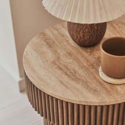 Sloane - Beige Travertine Round Warm Wood Premium Side Table - thumbnail 4