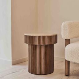 Sloane - Beige Travertine Round Warm Wood Premium Side Table - thumbnail 2