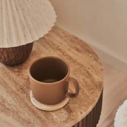 Sloane - Beige Travertine Round Warm Wood Premium Side Table - thumbnail 3