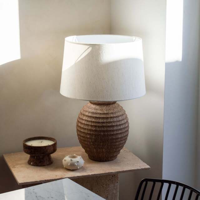 Linosa - Brown Textured Ceramic Drum Shade Table Lamp - image 1