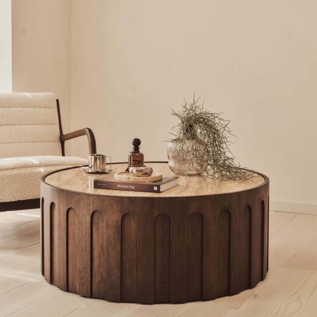 Valor - Beige Travertine Round Dark Wood Premium Coffee Table - image 1