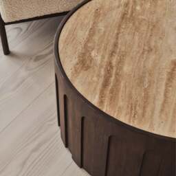 Valor - Beige Travertine Round Dark Wood Premium Coffee Table - thumbnail 3