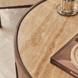 Valor - Beige Travertine Round Dark Wood Premium Coffee Table - thumbnail 4