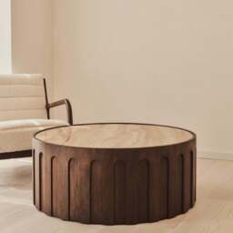Valor - Beige Travertine Round Dark Wood Premium Coffee Table - thumbnail 2