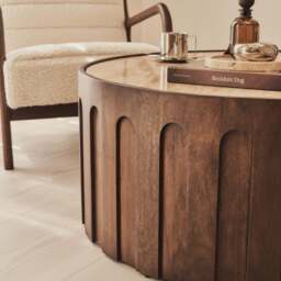 Valor - Beige Travertine Round Dark Wood Premium Coffee Table - thumbnail 6