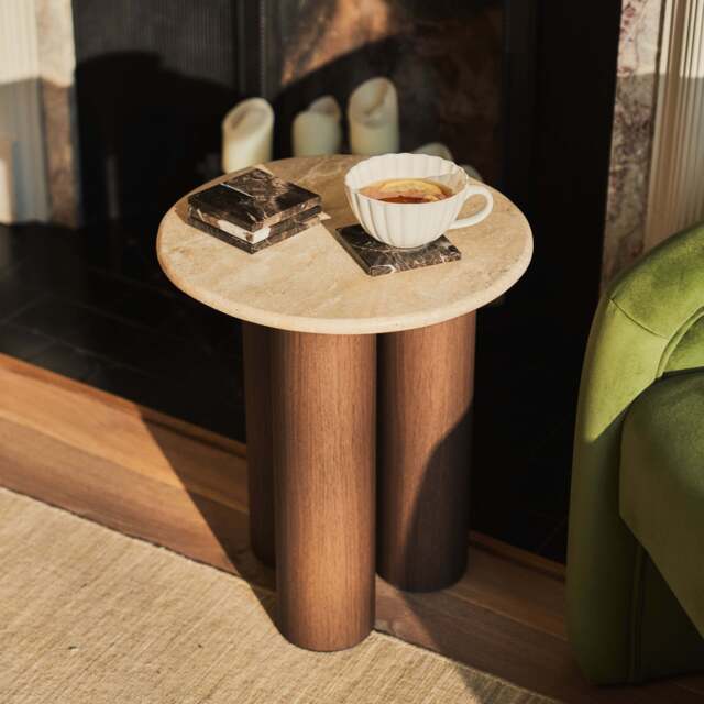 Trivium - Beige Travertine Round Dark Wood Premium Side Table - image 1