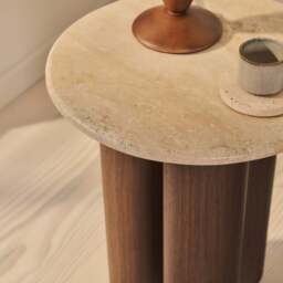 Trivium - Beige Travertine Round Dark Wood Premium Side Table - thumbnail 4