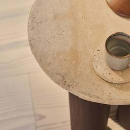 Trivium - Beige Travertine Round Dark Wood Premium Side Table - thumbnail 5