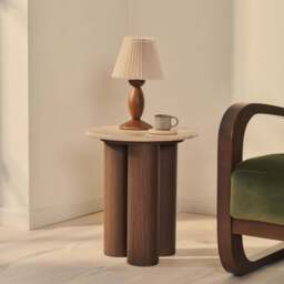 Trivium - Beige Travertine Round Dark Wood Premium Side Table - thumbnail 2