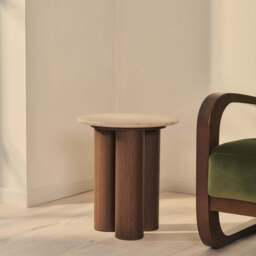 Trivium - Beige Travertine Round Dark Wood Premium Side Table - thumbnail 3